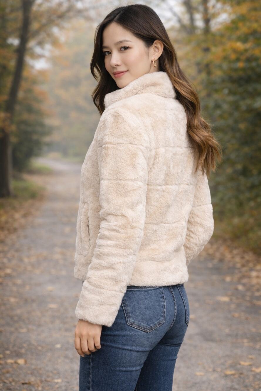 Ambiance Faux Fur Jacket Size L Cream Plush Cozy Fitted Winter Coat Soft Girl
